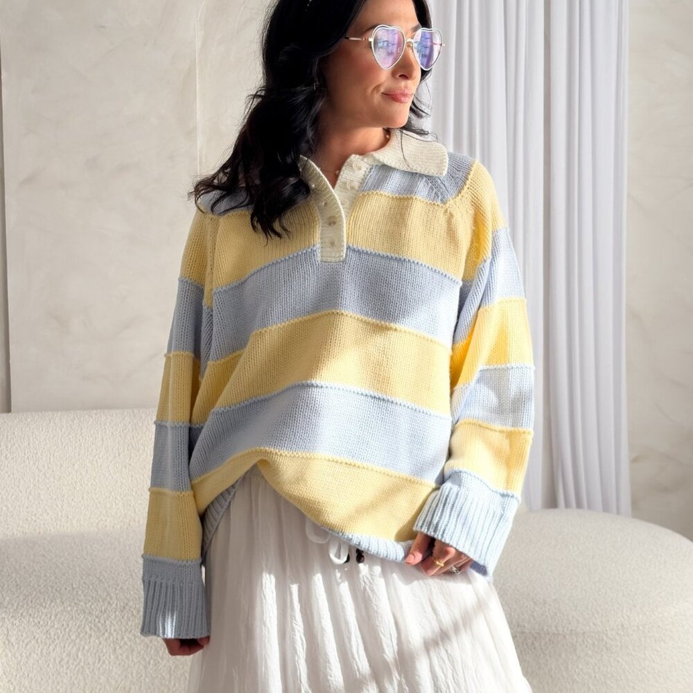 Pastel Stripe Collared Knit Sweater – Yellow & Blue